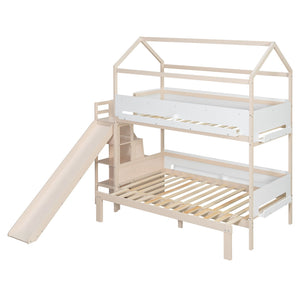 English Elm House-shaped Pine Bunk Bed with Built-in Slide Storage Staircase Twin Over Full Kids Frame Beige+White N820S00082A