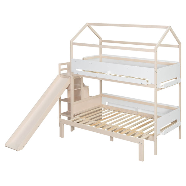 English Elm House-shaped Pine Bunk Bed with Built-in Slide Storage Staircase Twin Over Full Kids Frame Beige+White N820S00082A