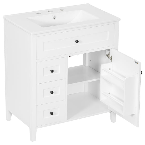 English Elm 30-Inch Contemporary Bathroom Vanity with Sink, MDF & Rubberwood, Glossy Finish, 3 Drawers + Cabinet White N725P350819K