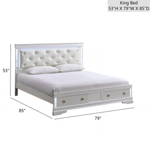 English Elm Verona King Bed With Jeweled Tufted Headboard, Led Lighting & Built-In Storage - Pearl White Elegance B078S00641-GIGA