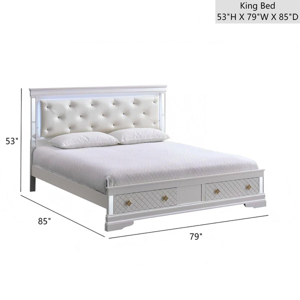 English Elm Verona King Bed With Jeweled Tufted Headboard, Led Lighting & Built-In Storage - Pearl White Elegance B078S00641-GIGA