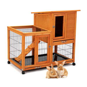 English Elm Detachable Two-tier Pine Rabbit Hutch with Rolling Casters and Removable Waste Trays Orange W2181P190616