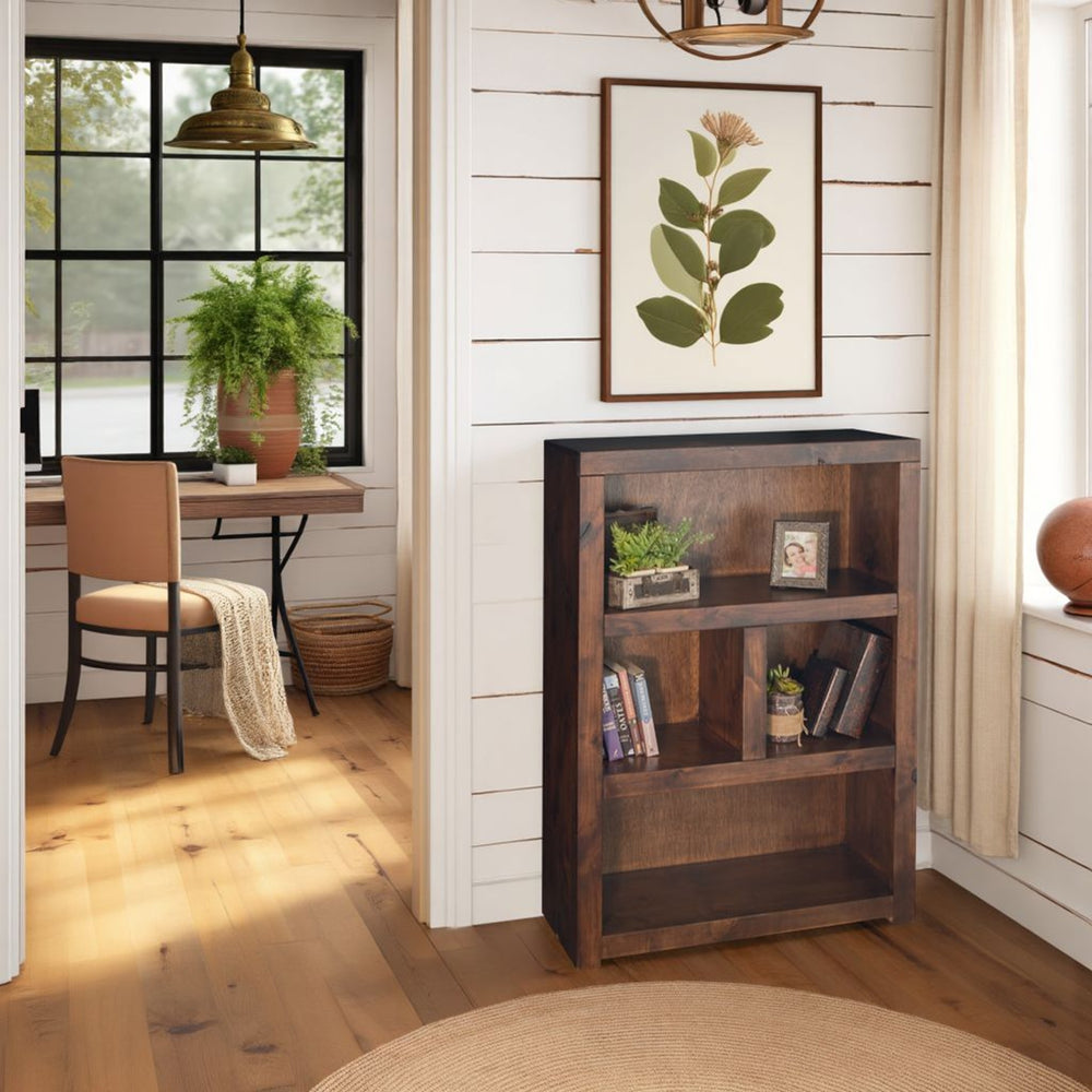 English Elm 49 Inch Bookcase in Whiskey Finish — Knotty Alder Solids, Rustic Distressed Look, 4 Shelves, Arrives Assembled B108P160196