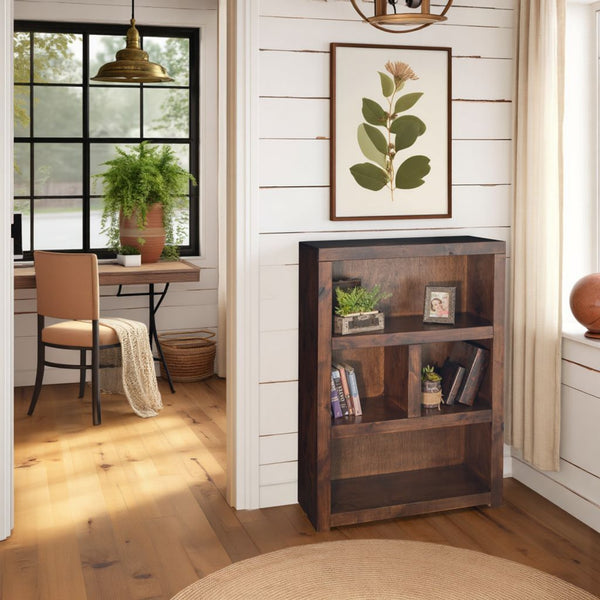 English Elm 49 Inch Bookcase in Whiskey Finish — Knotty Alder Solids, Rustic Distressed Look, 4 Shelves, Arrives Assembled B108P160196