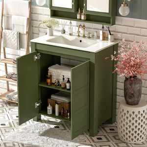 English Elm 30'' 30'' Farmhouse Bathroom Vanity Olive Green with Ceramic Sink, Adjustable Shelves, Soft-Close Doors, Rustic Wood Frame N729P290712F