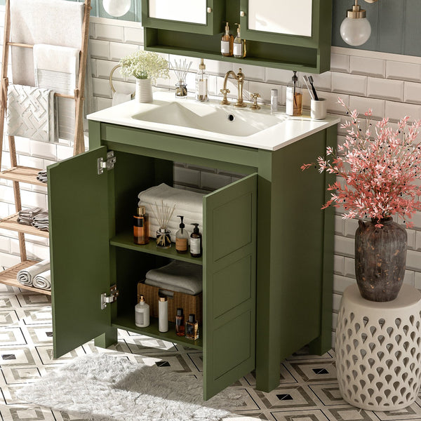 English Elm 30'' 30'' Farmhouse Bathroom Vanity Olive Green with Ceramic Sink, Adjustable Shelves, Soft-Close Doors, Rustic Wood Frame N729P290712F