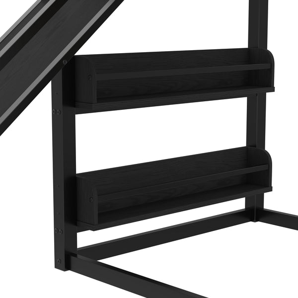 English Elm Twin Metal Loft Bed with Slide Basketball Hoop Climbing Wall and Built-in Shelves Black W1580S00342