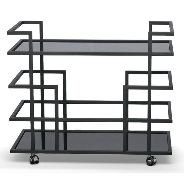 VIG Furniture Deakin Contemporary Black Stainless Steel Wine Rack With Tempered Glass — Holds 20 Bottles, Mobile Elegance VGHB-01W4-BLK