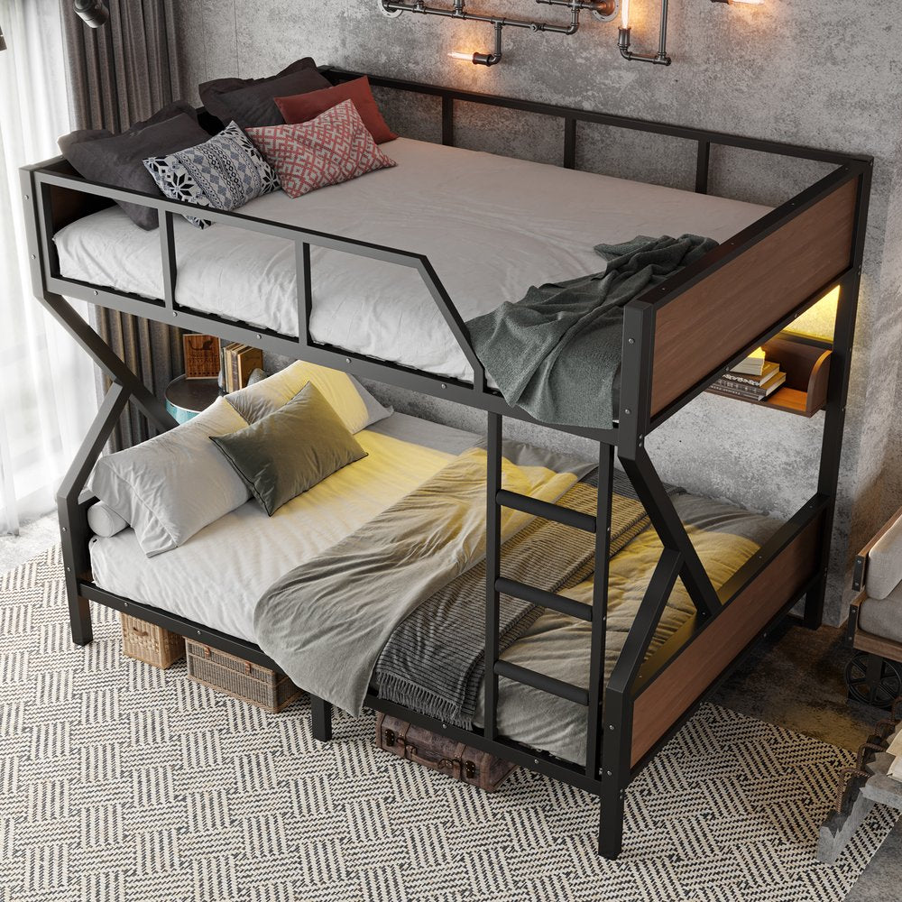 English Elm Queen Over Solid Pine Bunk Bed with Built in Shelves and Tray for Guest Rooms W5305S00013