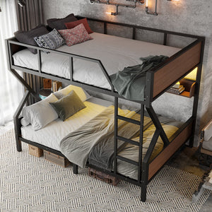 English Elm Queen Over Solid Pine Bunk Bed with Built in Shelves and Tray for Guest Rooms W5305S00013