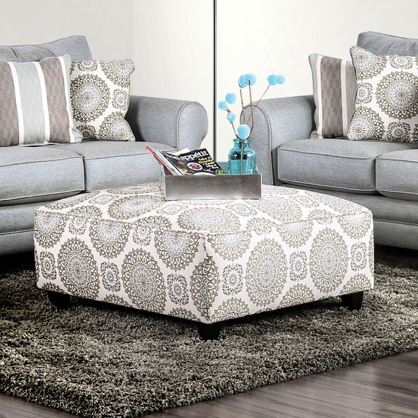 English Elm Square Upholstery Ottoman in Blue Chenille Patterned Fabric — Plush Extra Seating, Stylish Accent Ivory 38 L x 38 W x 12 H B2741P356316