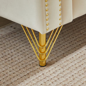 English Elm Velvet Chesterfield Tufted Sofa with Copper Stud Trim and Gold Legs for Glam Living Beige W834S00629
