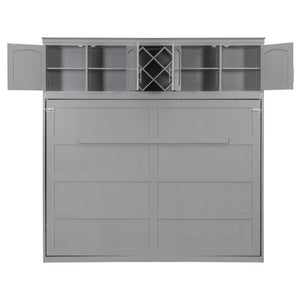 English Elm Queen Murphy Wall Bed with Storage Cabinets and Wine Rack for Small Space Living Gray LP000879AAE-1