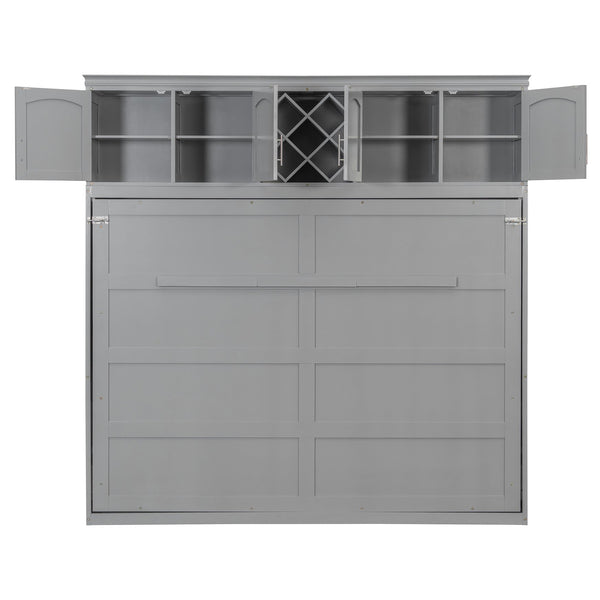 English Elm Queen Murphy Wall Bed with Storage Cabinets and Wine Rack for Small Space Living Gray LP000879AAE-1