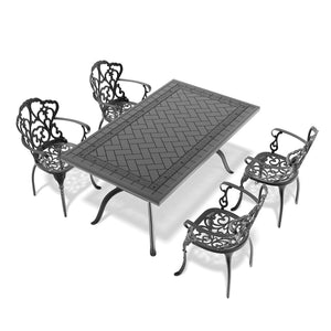 English Elm 5-piece Cast Aluminum Outdoor Dining Set with Carved Relief Frame and Cushioned Seats W1710S00574