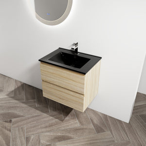 English Elm 24" Wall-Mounted Bathroom Vanity With Black Sink, 2 Soft-Close Drawers - Ideal For Compact Spaces! W999S00192