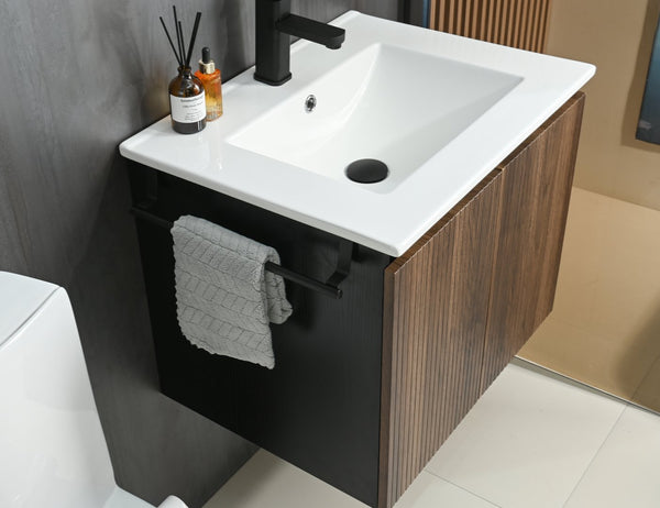 English Elm Goodyo 24" Wall-Mount Floating Bathroom Vanity Cabinet with Soft-Close Doors Stainless Towel Rack Black + Dark Walnut D163120298