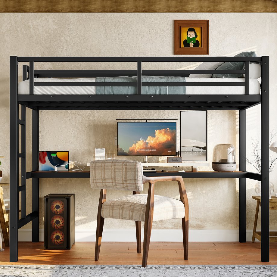English Elm Metal Twin Loft Bed With Integrated Desk, Power Outlet, Led Lights - Space-Saving Design In Black W1580P372863