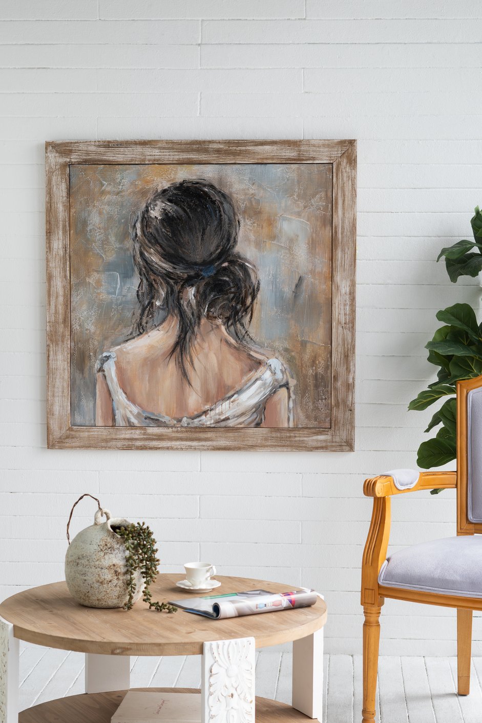 English Elm 39.4x39.4" Hand-painted Floral Canvas White Rose Art in Distressed Pine Frame W2078P481786