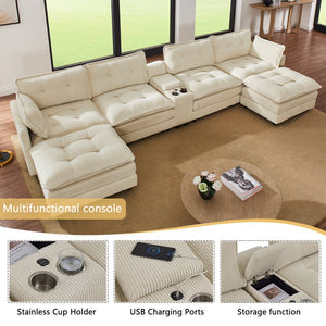English Elm 154" Corduroy U-shaped Sectional with Ottomans Six Seat Modular Cloud Sofa Usb Console Beige W1998S00101