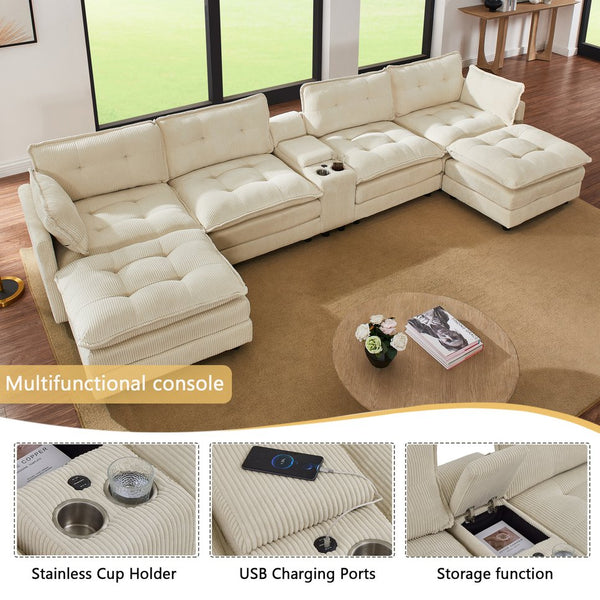 English Elm 154" Corduroy U-shaped Sectional with Ottomans Six Seat Modular Cloud Sofa Usb Console Beige W1998S00101