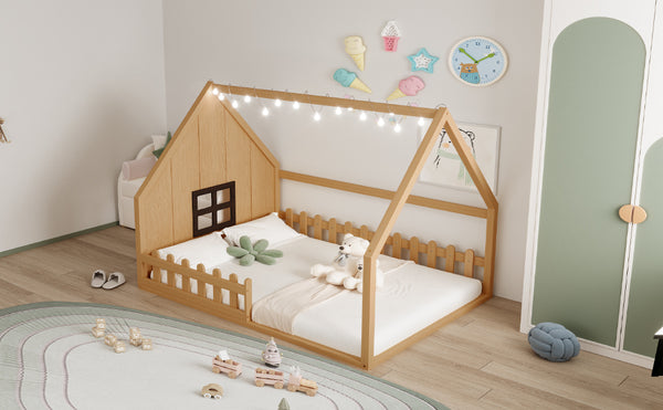 English Elm Full House Bed Frame with Window & Fence Playhouse Design, Sturdy Pine/MDF, Safe 400lb Capacity Natural N709P215545N