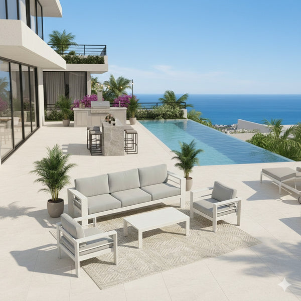 English Elm 4-piece Aluminum Outdoor Conversation Set with Rust-proof Matte Frame and Wpc Coffee Table Grey+White B082S00085