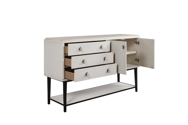 English Elm Vanilla Cream Oak Server with Metal Base, Soft‑Close Doors & Drawers, 3 Drawers 2 Doors Storage Finish B2699P296296