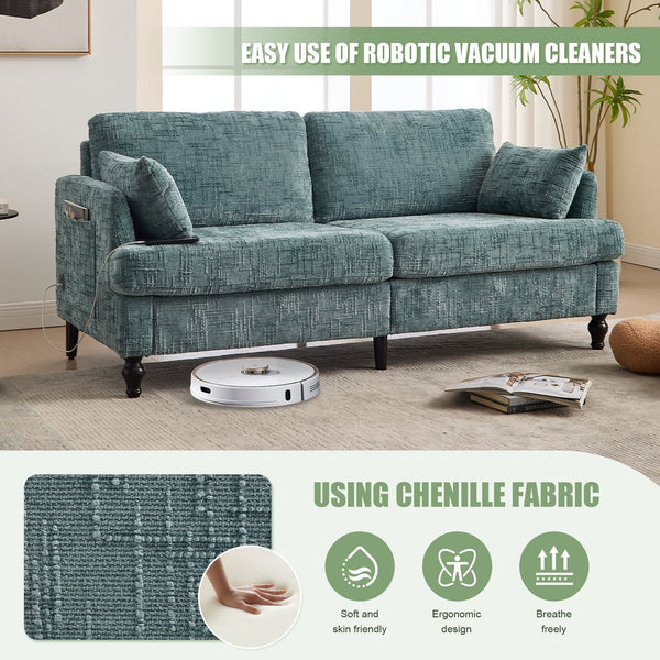 English Elm Modern chenille 2-seater sofa with LED, USB charging, storage pocket, solid wood legs, durable comfort Lake Blue W395P318545