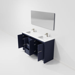English Elm Navy Blue Double Bath Vanity 60" W, White Quartz Top, Gun Metal Faucet & 55" Mirror For Luxury Bathrooms B2731S01723