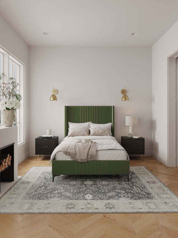English Elm 48" Full Velvet Upholstered Bed Channel Tufted Headboard Mid-century Modern Bedroom Green B365S00157