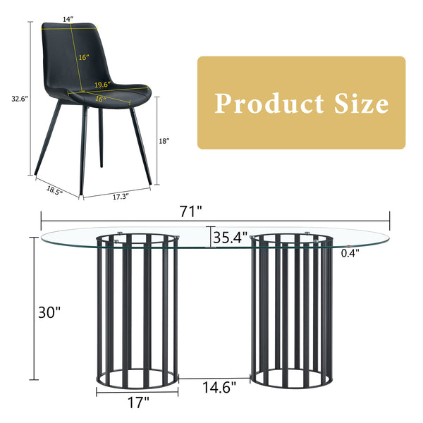 English Elm Table and Chair Set Oval Glass Top Seats 8 Luxe Black Metal Base Dining Room W1151S04749