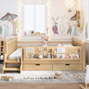 English Elm Queen Bunk Bed with Trundle Solid Pine Kids Car Themed Frame Built-in Bookshelf Light Natural W1580S00544