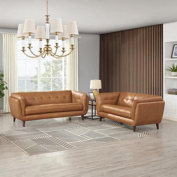 English Elm Solana Caramel Leather Loveseat Bench Seat with Pocketed Coils, Memory Foam Comfort, Durable Frame B2705P297789
