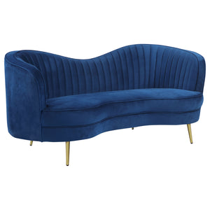 English Elm Marsden Blue Velvet Loveseat with Vertical Channel Tufting, Inverted Camelback Silhouette & Gold Legs B062P357778