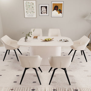 English Elm 63" Cream Mdf Dining Table Set With 6 Beige Pu Chairs & Black Metal Legs – Modern Mid-Century Style W2189S00681