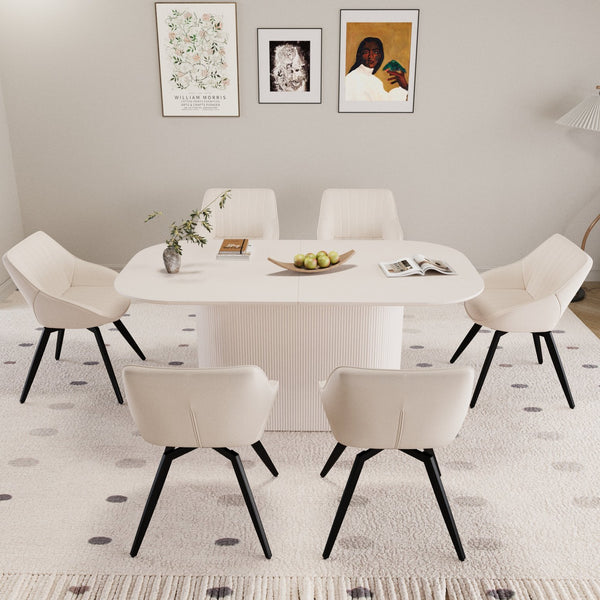 English Elm 63" Cream Mdf Dining Table Set With 6 Beige Pu Chairs & Black Metal Legs – Modern Mid-Century Style W2189S00681