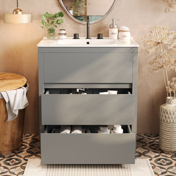 English Elm Christopher Knight Home® - 30" Bathroom Vanity with Ceramic Sink, 2 Soft-Close Full-Extension Drawers, Handle-Free 45° Design, Durable MDF Gray N817P280549G