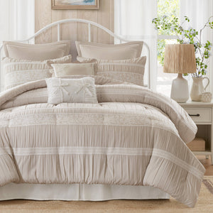 English Elm 7-piece King Jacquard Comforter Set Lace Detail Chambray Cottage Bedroom Ensemble Neutral B035P482889