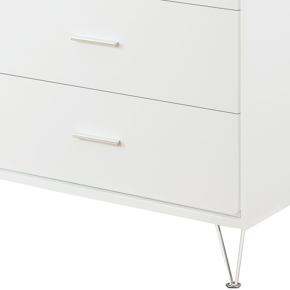 English Elm Deoss Five-Drawer White Finish Chest with Chrome Legs, Smooth Glide Ball Bearings & Safety Stop, Modern Storage B2726P256276