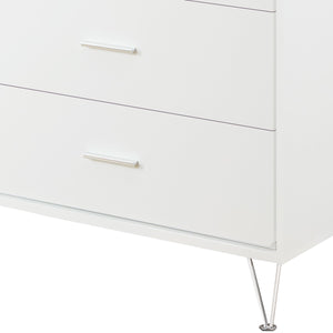 English Elm Deoss Five-Drawer White Finish Chest with Chrome Legs, Smooth Glide Ball Bearings & Safety Stop, Modern Storage B2726P256276