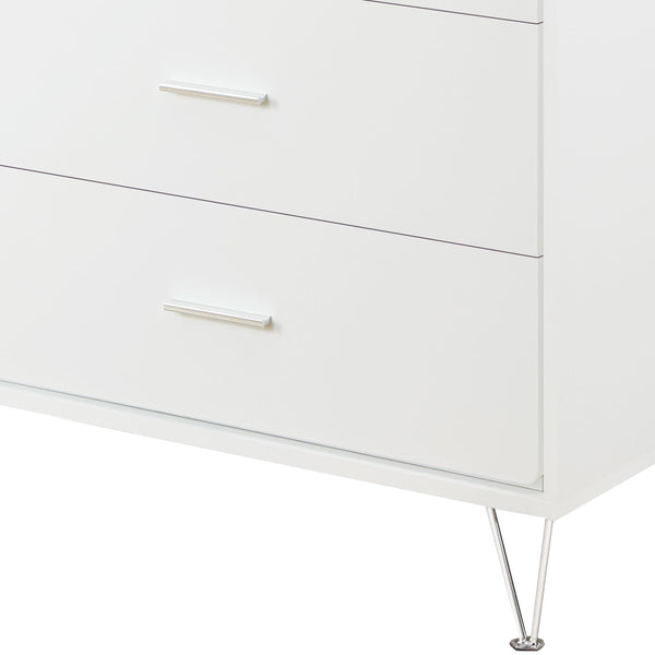 English Elm Deoss Five-Drawer White Finish Chest with Chrome Legs, Smooth Glide Ball Bearings & Safety Stop, Modern Storage B2726P256276