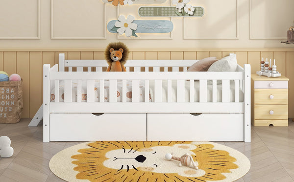 English Elm Wood Twin Platform Bed with Guardrail, Solid Pine Construction, 2 Underbed Drawers for Storage and Playroom Space White N709P242145K