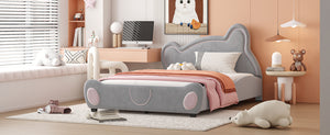 English Elm Full Velvet Bear-Shaped Platform Bed Full Size with Storage Pocket, Cute Cuddly Headboard, Gray Plush Finish SF000143AAE