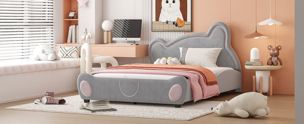 English Elm Full Velvet Bear-Shaped Platform Bed Full Size with Storage Pocket, Cute Cuddly Headboard, Gray Plush Finish SF000143AAE