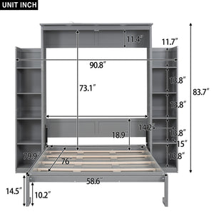 English Elm Full Size Murphy Wall Bed with Led Lighting Side Storage Cabinets and Slatted Support Gray LP000694AAE-1