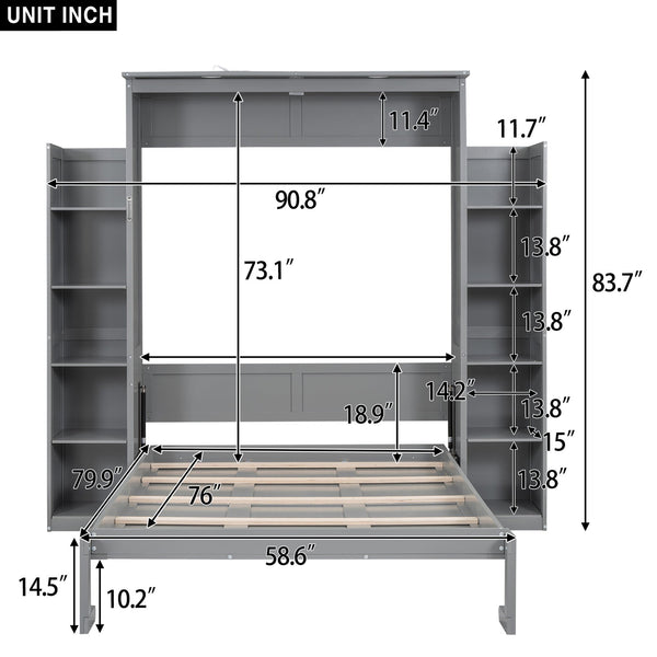 English Elm Full Size Murphy Wall Bed with Led Lighting Side Storage Cabinets and Slatted Support Gray LP000694AAE-1