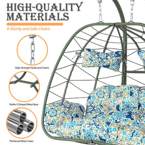 English Elm 2-person Wicker Egg Swing Chair with Canopy Stand Outdoor Patio Boho Hammock Seat T5880P502251