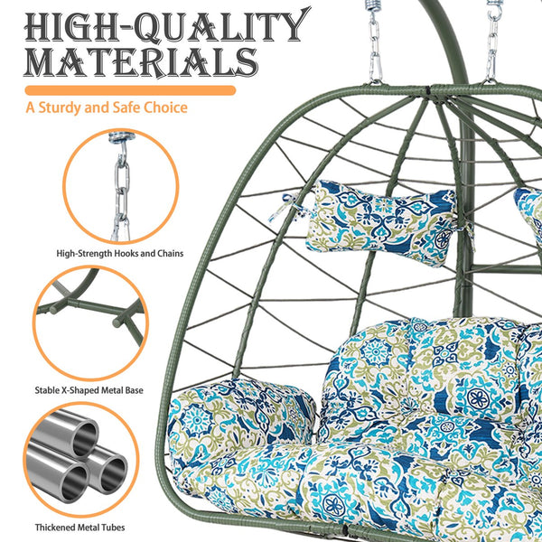 English Elm 2-person Wicker Egg Swing Chair with Canopy Stand Outdoor Patio Boho Hammock Seat T5880P502251