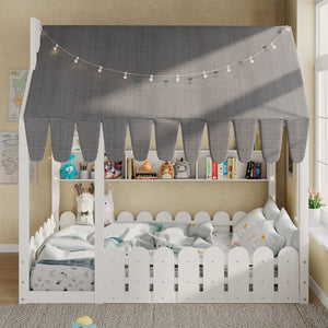 English Elm {slats Are Not Included} Twin Montessori House Floor Bed Kids Tent Lights Shelves Pinewood Frame White N708P407963K